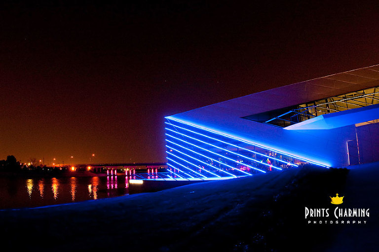 Devon boathouse at night with neon lights
